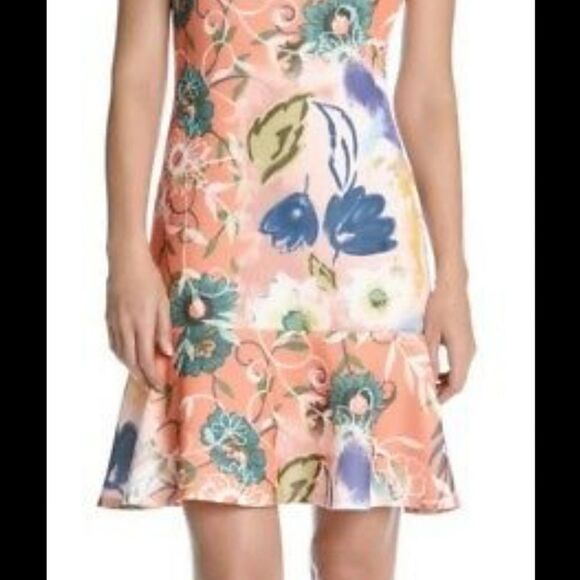 Karen Kane Floral Dress Scuba Flutter Hem Sheath - Picture 2 of 3